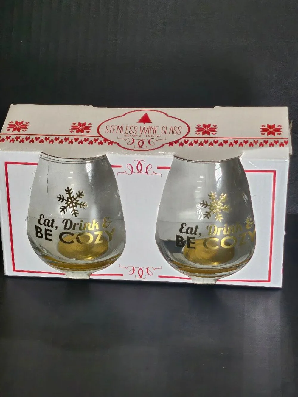 TMD Holdings Eat Drink & Be Cozy Holiday Stemless Wine Glasses Set of Two 16 Oz.